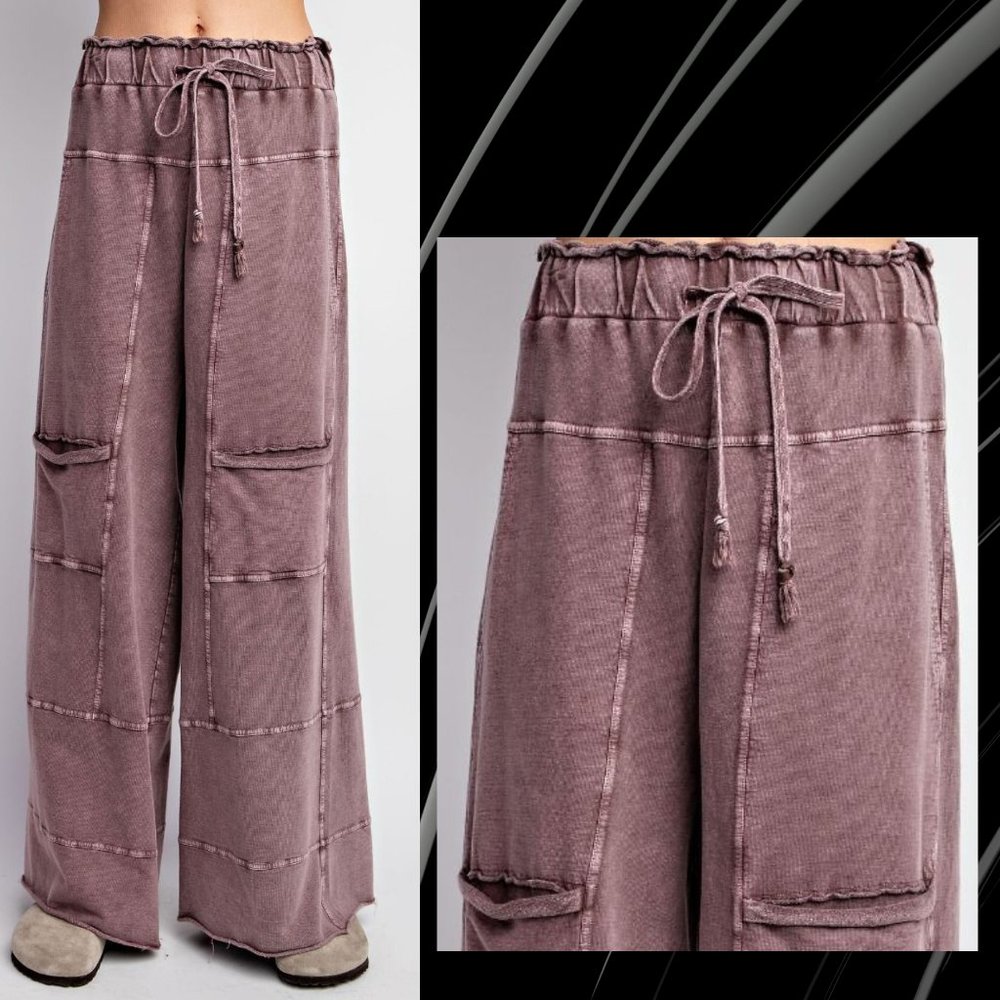 EASEL Perfect Cargo LUX Premium Mineral Wash Wide Leg Pant Raw Hem Seam Details - Picture 6 of 11